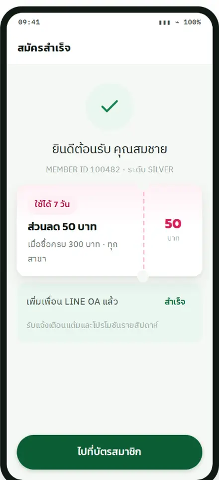 หน้าสมัครสมาชิกสำเร็จ พร้อมคูปองต้อนรับและรหัสสมาชิก